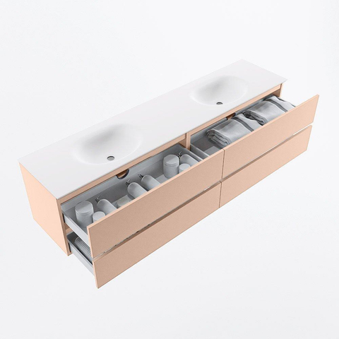 MONDIAZ VICA Ensemble meuble de salle de bains - 200cm - meuble bas rosee - 4 tiroirs - lavabo moon double - sans trous de robinet - version haute 60cm - talc SW1080503