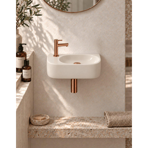 QeramiQ Fuente pack lave-mains – demi-rond – 40 x 21,5 x 12 cm – perçage à gauche – robinet cuivre brossé SW1232839
