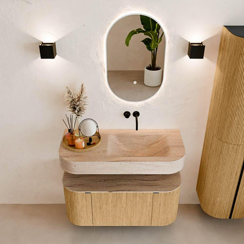 MONDIAZ THOR-DLUX Meuble de salle de bains 100cm arrondi gauche + droite couleur Oak avec 1 tiroir et 2 portes. Vasque suspendue CLOUD Droite sans trou de robinet couleur Saba. SW1467551