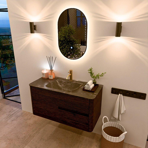 Mondiaz CIRO-DLUX Badkamermeubelset - 100x45x50cm - Solid surface wastafel Lava - 1 wasbak Midden - 1 kraangat - 2 lades - Walnut SW1530143
