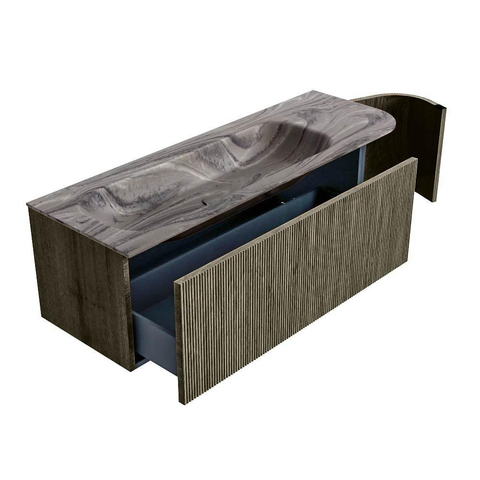 MONDIAZ KURVE-DLUX Meuble de salle de bains 135cm arrondi à droite couleur Shadow avec 1 tiroir et 1 porte. Lavabo BIG MEDIUM à gauche sans trou de robinet Sombra. SW1433769
