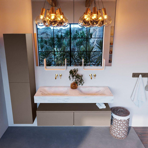 Mondiaz ALAN-DLUX Ensemble de meuble - 130cm - meuble Smoke mat - 2 tiroirs - Lavabo Cloud Opalo suspendu - vasque Gauche et droite - 0 trous de robinet SW806603