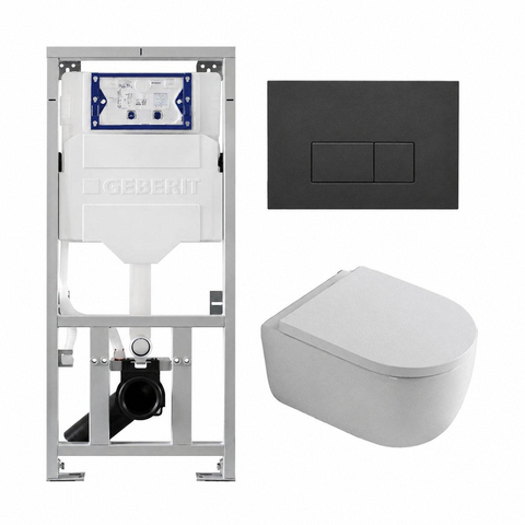 QeramiQ Dely Swirl Toiletset - 36.3x51.7cm - Geberit UP320 inbouwreservoir - met Burda frame - 35mm zitting - bedieningsplaat antraciet mat - rechthoekige knoppen - glans wit SW1164271