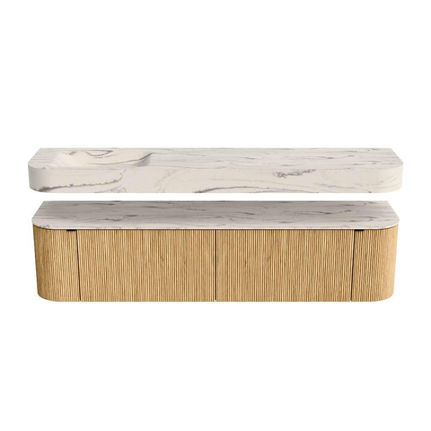 MONDIAZ THOR-DLUX Meuble de salle de bains 190cm arrondi gauche + droite couleur Oak avec 2 tiroirs et 2 portes. Vasque suspendue CLOUD Gauche 1 trou de robinet couleur Nata. SW1466763