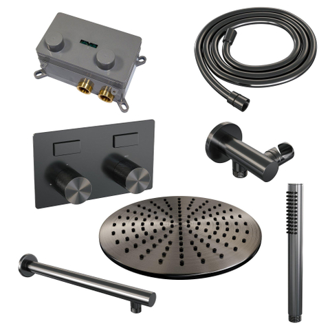 BRAUER gunmetal Carving Douche de pluie thermostatique encastrée - boutons-poussoirs - SET 50 - pomme de douche 30cm - bras mural droit - douchette barre - flexible de douche - coude de raccordement mural - gunmetal brossé PVD SW925690