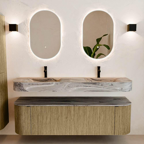 MONDIAZ THOR-DLUX 160cm meuble de salle de bains arrondi gauche + droite couleur Dusk avec 1 tiroir et 2 portes. Vasque suspendue CLOUD Double 2 trous de robinet couleur Sombra. SW1465382