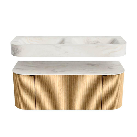 MONDIAZ THOR-DLUX 120cm meuble de salle de bains arrondi gauche + droite couleur Oak avec 1 tiroir et 2 portes. Vasque suspendue CLOUD Double sans trou de robinet couleur Ostra. SW1463078