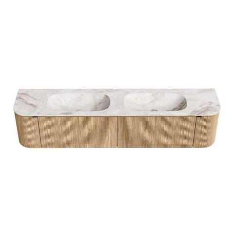 MONDIAZ KURVE-DLUX 200cm badmeubel met module 25 Len R kleur Oak met 2 lades en 2 deuren. Wastafel STOR SMALL dubbel zonder kraangat kleur Frappe. SW1137441
