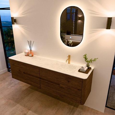 Mondiaz CIRO-DLUX Badkamermeubelset - 180x45x50cm - Solid surface wastafel Opalo - 1 wasbak Rechts - 1 kraangat - 4 lades - Dusk SW1532895