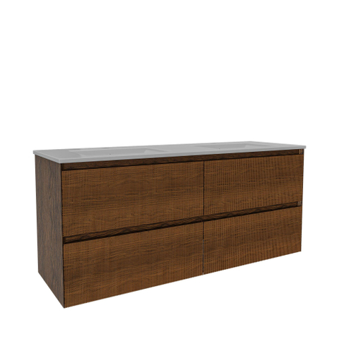 Saniclass Holz Atelier Meuble de salle de bain - 140x45x60cm - lavabo en céramique blanc - 2 vasques - 2 trous de robinet - 4 tiroirs - Walnut pure SW1437736