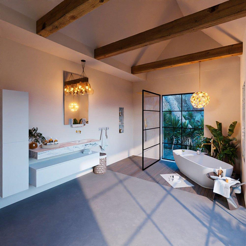 Mondiaz ALAN-DLUX Ensemble de meuble - 150cm - meuble Talc mat - 1 tiroir - Lavabo Cloud Glace suspendu - vasque Droite - 0 trous de robinet SW805079