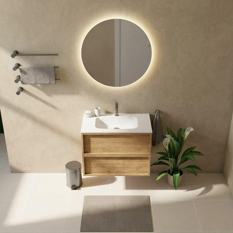 Saniclass Holz Frame Badkamermeubelset - 80x45x61.5cm - Flow solid surface wastafel wit - 1 wasbak - 1 kraangat - 2 lades - mat eiken natural (hout) SW1579970