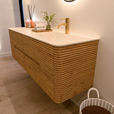 Mondiaz CIRO-DLUX Badkamermeubelset - 150x45x50cm - Solid surface wastafel Meli - 1 wasbak Rechts - 1 kraangat - 4 lades - Oak SW1531408