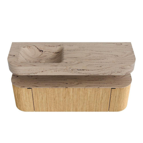 MONDIAZ THOR-DLUX 140cm meuble de salle de bains arrondi gauche + droite couleur Oak avec 1 tiroir et 2 portes. Vasque suspendue CLOUD Gauche 1 trou de robinet couleur Arena. SW1464370