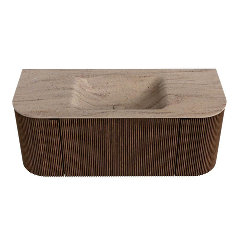 MONDIAZ KURVE-DLUX 110cm badmeubel ronding Links + Rechts kleur Walnut met 1 lade en 2 deuren. Wastafel CLOUD Midden 1 kraangat Saba. SW1433149