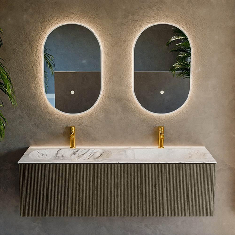 Mondiaz KURVE-DLUX Badkamermeubelset - 140x46x40cm - 2 lade - wastafel solid surface - dubbel - 2 kraangaten - Shadow SW1414602