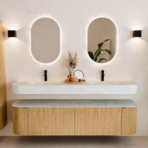 MONDIAZ THOR-DLUX 180cm meuble de salle de bains arrondi gauche + droite couleur Oak avec 2 tiroirs et 2 portes. Vasque suspendue CLOUD Double 2 trous de robinet couleur Opalo. SW1465905