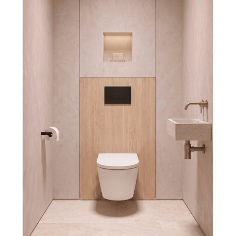 QeramiQ Dely Pack WC - 36,3x51,7cm - à fond creux - sans bride - réservoir encastré Geberit UP320 - abattant WC softclose 35 mm - plaque de commande métal noir mat - boutons rectangulaires - blanc brillant SW1222084