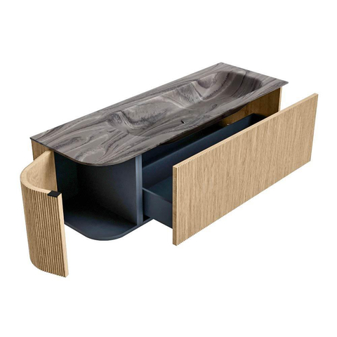 MONDIAZ KURVE-DLUX Meuble de salle de bains 135cm arrondi à gauche couleur chêne avec 1 tiroir et 1 porte. Lavabo BIG MEDIUM à droite sans trou de robinetterie Sombra. SW1433582