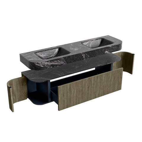 MONDIAZ THOR-DLUX Meuble de salle de bains - 170cm - arrondi gauche + droite - couleur Shadow - 1 tiroir et 2 portes - Vasque suspendue CLOUD Double 2 trous de robinet - couleur Lava SW1465537
