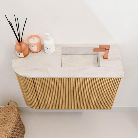 Mondiaz JOYA-DLUX 61.6cm toiletmeubel - ronding links kleur Oak - Wastafel FAYE positie Rechts 1 kraangat kleur Ostra. SW1422225