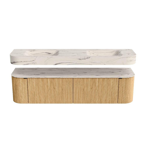 MONDIAZ THOR-DLUX 180cm meuble de salle de bains arrondi gauche + droite couleur Oak avec 2 tiroirs et 2 portes. Vasque suspendue CLOUD Double 2 trous de robinet couleur Nata. SW1466190