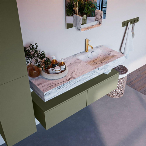 Mondiaz ALAN-DLUX Ensemble de meuble - 130cm - meuble Army mat - 2 tiroirs - Lavabo Cloud Glace suspendu - vasque Droite - 1 trou de robinet SW805818