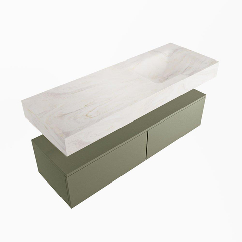 Mondiaz ALAN-DLUX Ensemble de meuble - 130cm - meuble Army mat - 2 tiroirs - Lavabo Cloud Ostra suspendu - vasque Droite - 0 trous de robinet SW807663