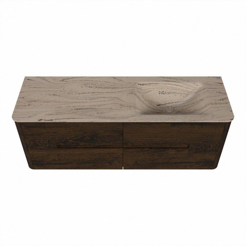 Mondiaz CIRO-DLUX Badkamermeubelset - 140x45x50cm - Solid surface wastafel Arena - 1 wasbak Rechts - zonder kraangaten - 4 lades - Walnut SW1530438
