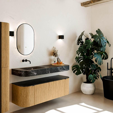MONDIAZ THOR-DLUX 140cm meuble de salle de bains arrondi gauche + droite couleur Oak avec 1 tiroir et 2 portes. Vasque suspendue CLOUD gauche sans trou de robinet couleur Lava. SW1463910