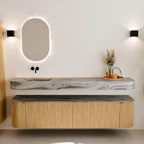 MONDIAZ THOR-DLUX 190cm meuble de salle de bains arrondi gauche + droite couleur Oak avec 2 tiroirs et 2 portes. Vasque suspendue CLOUD Gauche sans trou de robinet couleur Sombra. SW1466686