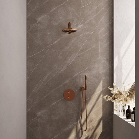 BRAUER Copper Edition douche thermostatique encastrée - 3 voies - rond - ensemble 73 - douche principale de 20 cm - bras mural droit - douchette à main - flexible de douche - coude mural - cuivre brossé PVD SW1159113