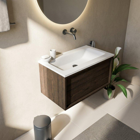 Saniclass Holz Frame Badkamermeubelset - 80x45x57.5cm - Torino solid surface wastafel wit - zonder kraangat - 1 lade - mat eiken charcoal (hout) SW1478652