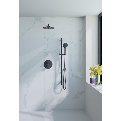 Fortifura Calvi inbouw regendoucheset – Ø25 cm hoofddouche – 35 cm gebogen wandarm – 1-stands ronde handdouche – zwart mat SW1244949