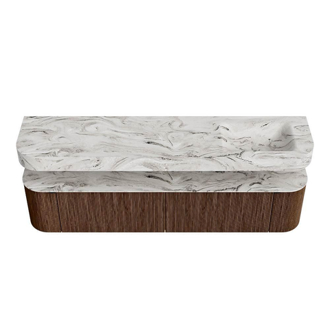 MONDIAZ THOR-DLUX 200cm badmeubel ronding links + rechts kleur Walnut met 2 lades en 2 deuren. Vrijhangende wastafel CLOUD Rechts zonder kraangat kleur Glace. SW1466979