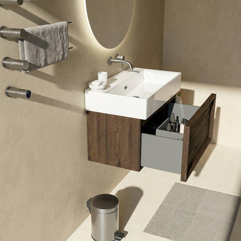 Saniclass Holz Frame Badkamermeubelset - 80x45x52cm - Legend keramische wastafel wit - 1 wasbak - zonder kraangat - 1 lade - mat eiken charcoal (hout) SW1478467