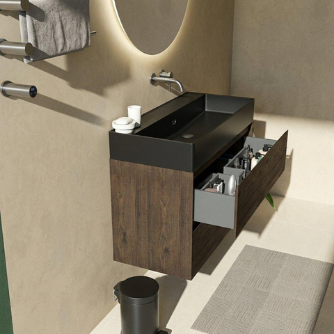 Saniclass Holz Pure Badkamermeubelset - 100x45x72cm - Legend keramische wastafel mat zwart - 1 wasbak - zonder kraangat - 2 lades - mat eiken charcoal (hout) SW1580176