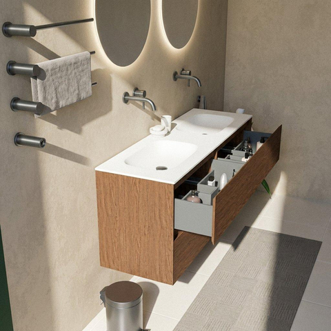 Saniclass Holz Pure Ensemble de meubles de salle de bains - 140x45x61.5cm - Flow lavabo en solid surface blanc - 2 vasques - sans trous de robinetterie - 4 tiroirs - noyer pure mat (bois) SW1478436