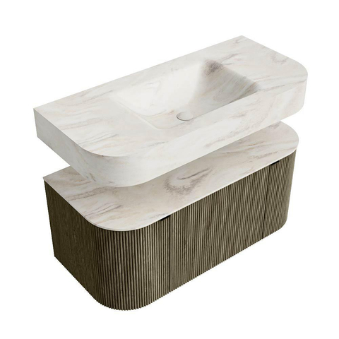 MONDIAZ THOR-DLUX 100cm meuble de salle de bains arrondi gauche + droite couleur Shadow avec 1 tiroir et 2 portes. Vasque suspendue CLOUD Milieu 1 trou de robinet couleur Ostra. SW1467527