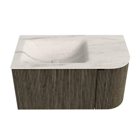 MONDIAZ KURVE-DLUX Meuble de salle de bains 85 cm arrondi à droite couleur Shadow avec 1 tiroir et 1 porte. Lavabo CLOUD à gauche 1 trou de robinet Meli. SW1431757