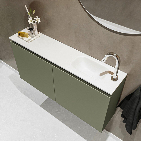 MONDIAZ TURE Fonteinset - 100x23x50cm - 1 kraangat - 2 deuren - army mat - Wasbak rechts - Solid Surface Wit SW475015