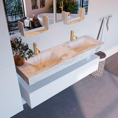 Mondiaz ALAN-DLUX Ensemble de meuble - 150cm - meuble Talc mat - 1 tiroir - Lavabo Cloud Frappe suspendu - vasque Gauche et droite - 2 trous de robinet SW804691