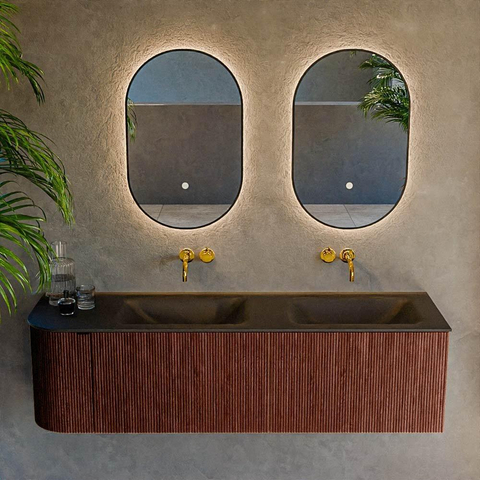 Mondiaz KURVE Ensemble de meuble de salle de bains - 155x46x40cm - 2 tiroirs - 1 porte - lavabo solid surface - double / droite - sans trou de robinet - Ruby SW1415362