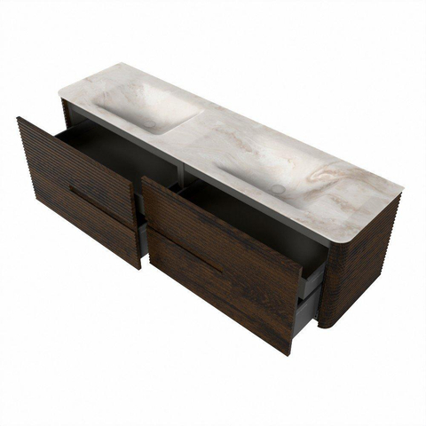 Mondiaz CIRO-DLUX Badkamermeubelset - 170x45x50cm - Solid surface wastafel Frappe - 2 wasbak Dubbel - 2 kraangaten - 4 lades - Walnut SW1530282