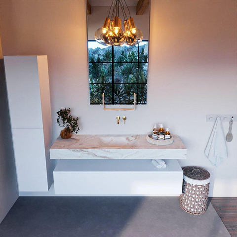 Mondiaz ALAN-DLUX Ensemble de meuble - 150cm - meuble Talc mat - 1 tiroir - Lavabo Cloud Frappe suspendu - vasque Centre - 0 trous de robinet SW804678