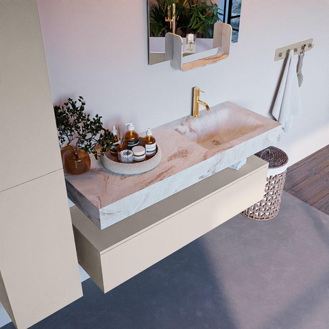 Mondiaz ALAN-DLUX Ensemble de meuble - 130cm - meuble Linen mat - 1 tiroir - Lavabo Cloud Frappe suspendu - vasque Droite - 1 trou de robinet SW805483