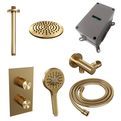 Ensemble de douche pluie encastré Brauer Gold Carving - douche principale 20cm - bras plafond 20cm - 2 fonctions - incluant partie encastrable - douchette ronde 3 positions - PVD - or brossé SW715654