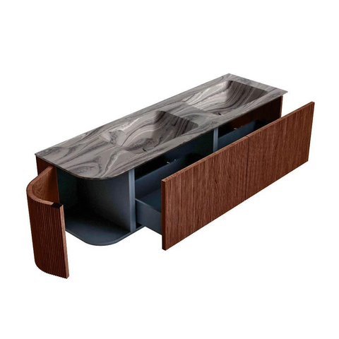 MONDIAZ KURVE-DLUX 155cm badmeubel ronding Links kleur Ruby met 2 lades en 1 deur. Wastafel LEAF Dubbel / Rechts zonder kraangat Sombra. SW1433987