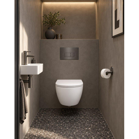 QeramiQ Dely Swirl Compact Toiletset - inbouwreservoir QeramiQ flush - 25mm zitting - metalen bedieningsplaat gunmetal - rechthoekige knoppen - mat wit SW1590813