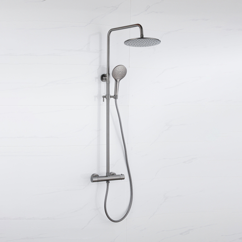 Fortifura Calvi Ensemble de douche pluie - thermostatique - douche principale de 30 cm - flexible lisse - douchette ronde - Gunmetal PVD brossé SW1204435